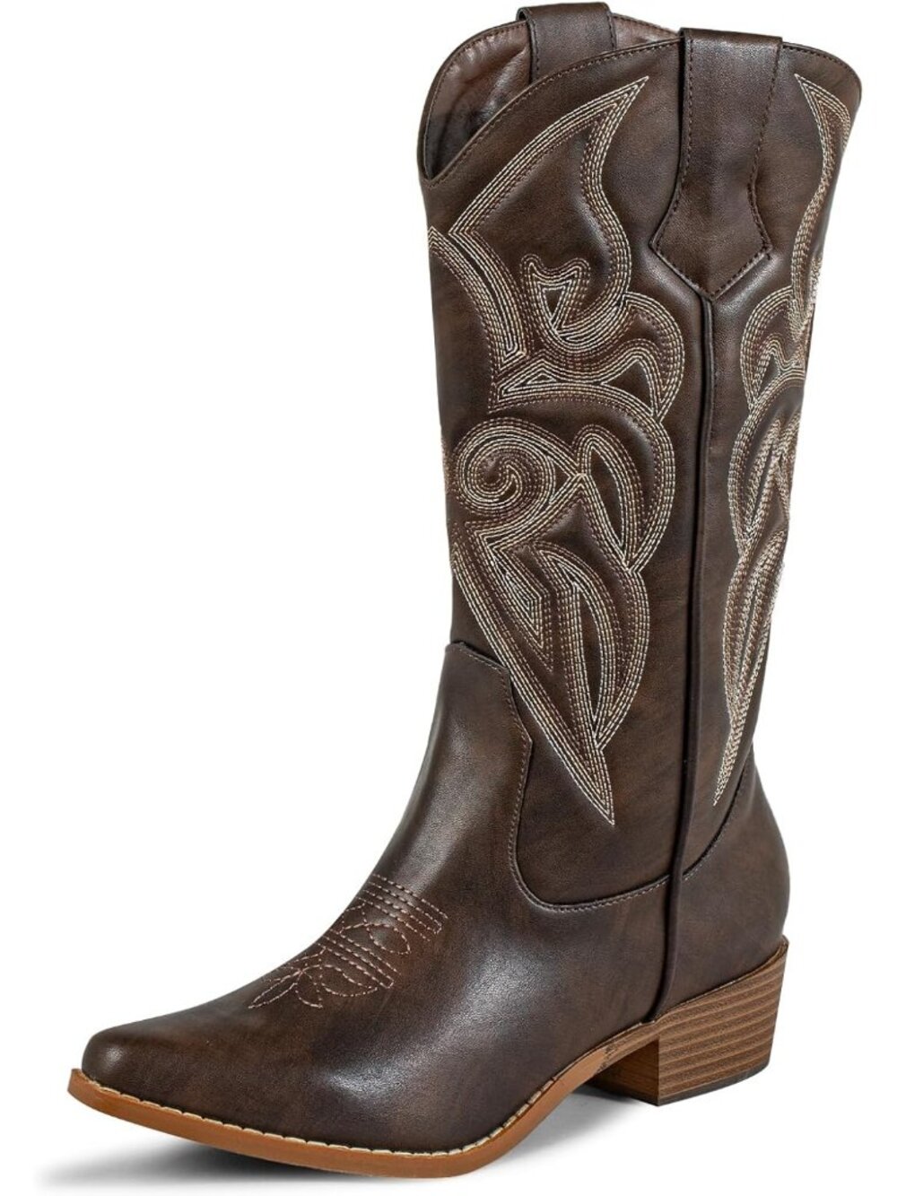 Women's Mid Wide Calf Snip Toe Cowgirl Boot Chunky Heel Brown Western Shoes